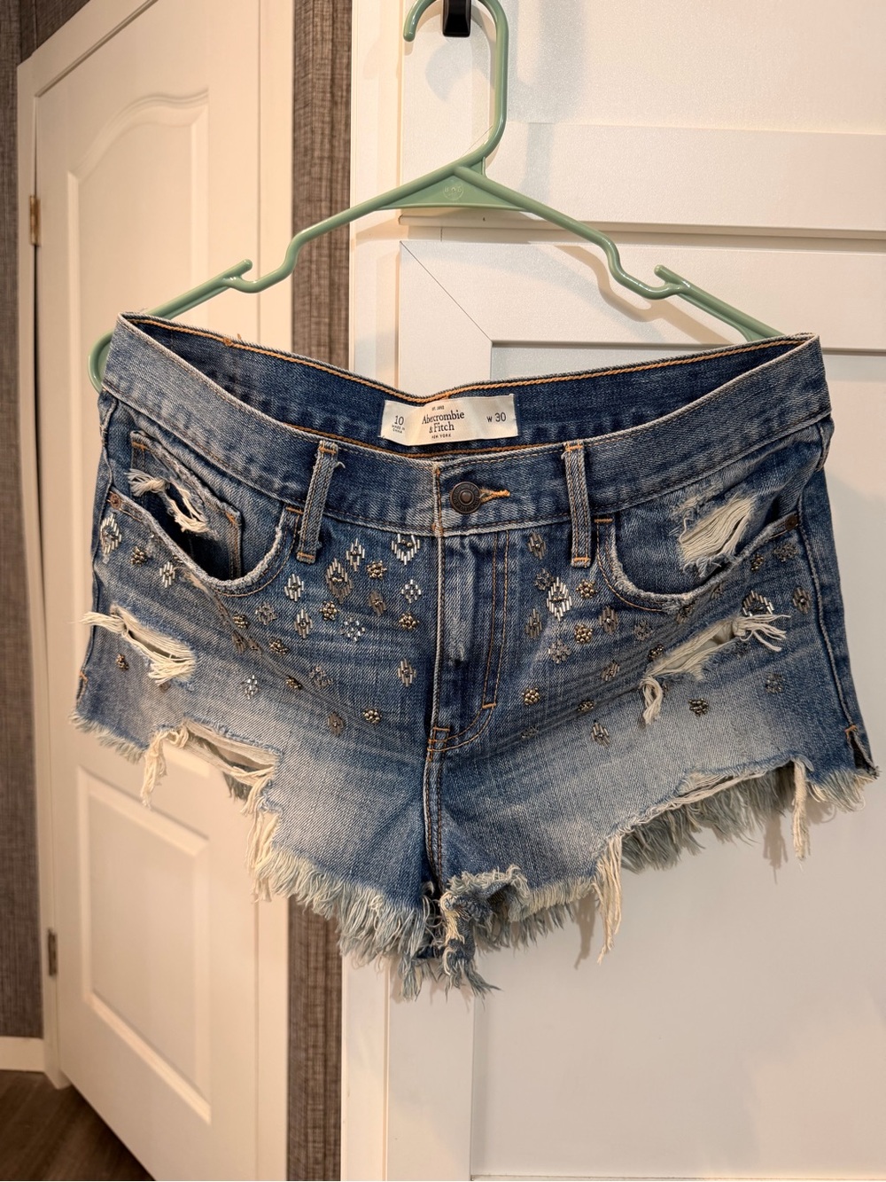 Abercrombie & Fitch Light Blue Distressed Studded Denim Shorts